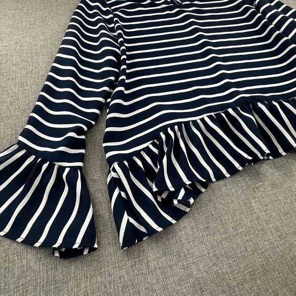 a.n.a A New Approach Top Striped Navy & White Long Sleeve Ruffled Hem Round Neck - Picture 4 of 11